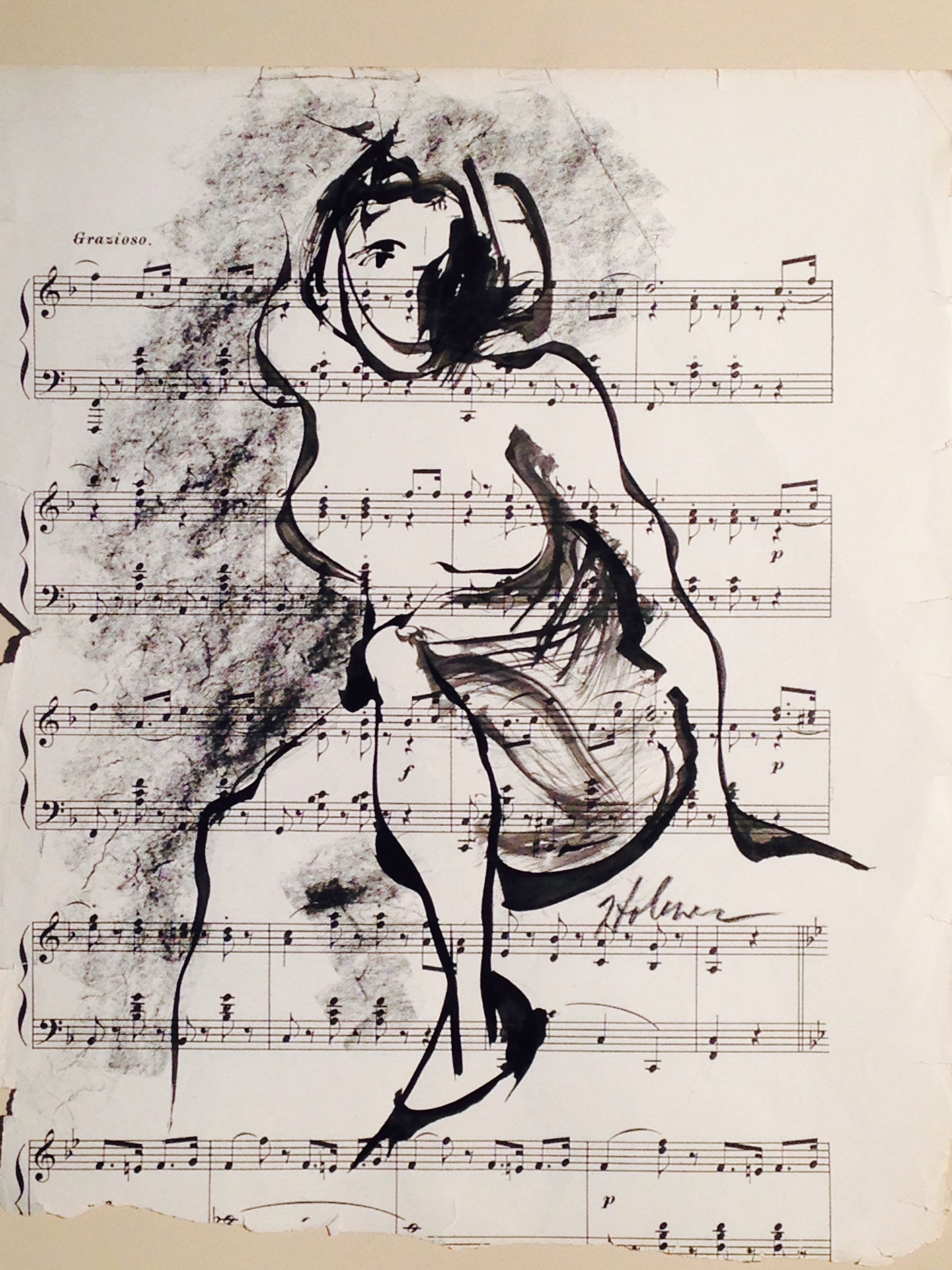 "My Inside Voice", ink on antique music, by Tim Holmes